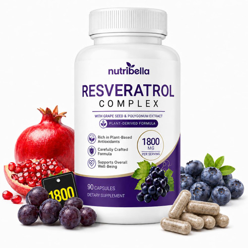 Nutribella Resveratrol Complex 1800, Trans Resveratrol Supplement with with Grape Seed Extract, Overall Health Support for Men and Women, 90 Capsules(1pc)