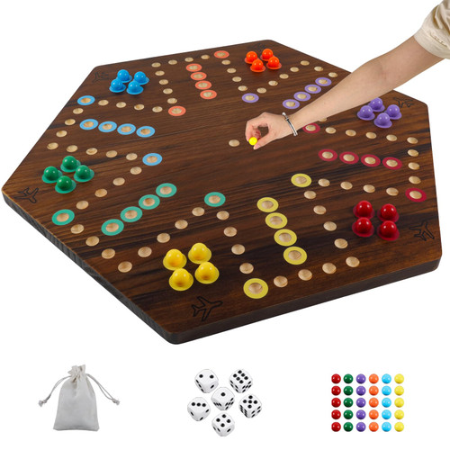 Extra Large Wahoo Board Game Wooden Original Board Game 2 Side Painted Fast Track Game for 4 Player and 6 Player with 30 Marbles,6 Dices for Family Game Night (Brush Paint Burn Color)
