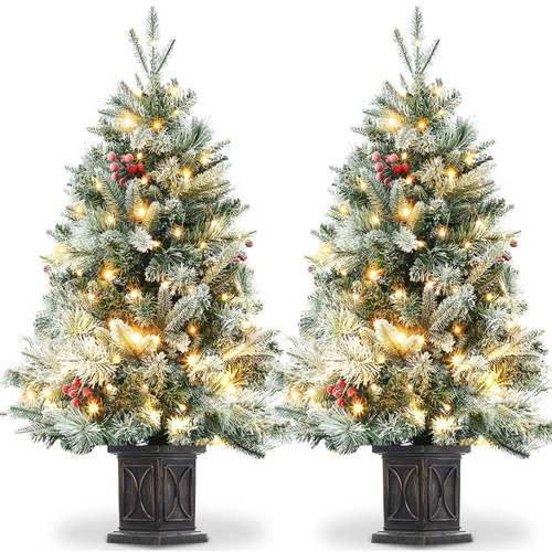 2 Pcs 3ft Prelit Artificial Christmas Tree with Lights, Snow Flocked Xmas Tree with LED Pre-lit, Small 3 ft Potted Christmas Tree with 78 Warm White Lights & Vintage Pot Base, Xmas Decoration Set of 2