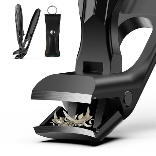 FVION Ergonomic Angled Toenail Clippers for Thick Nails – Long Handle Nail Cutter with Lock & Catcher, Stainless Steel Clippers for Seniors, Men & Women （Black）