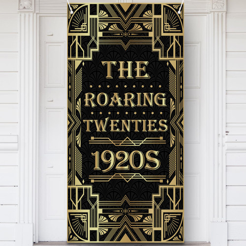 Roaring 20s Party Banner - Large Vintage Door Cover with Glitter, Black & Gold 1920s Speakeasy Decor for Jazz Age Parties, Weddings & New Year's Eve