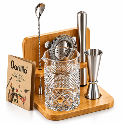 Barillio 24 Oz Crystal Cocktail Mixing Glass with Bamboo Stand & Bar Tools | Seamless Lead-Free Crystal, Weighted Base Stirring Pitcher | Including Muddler, Mixing Spoon, Jigger and Strainer