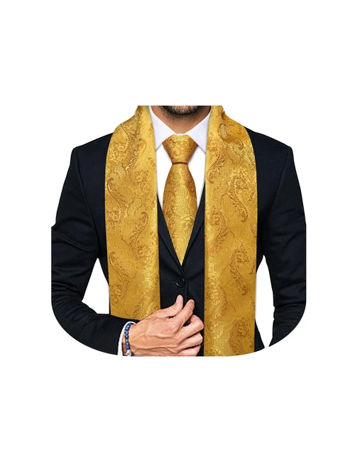 YOHOWA 2PCS Gold Scarf Necktie Set Men/Women Fashion Silk Lightweight Feeling Print Soft Scarves Neckerchief Wraps Gift