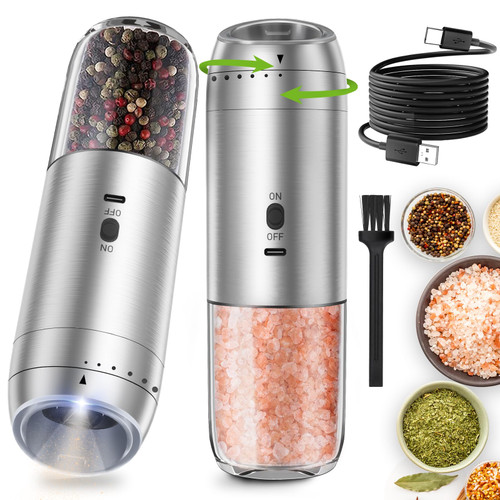 Electric Salt and Pepper Grinder Set, Gravity-Activated Salt and Pepper Shakers, Rechargeable with Type-C Charging Dock & Storage Base, Automatic Salt and Pepper Mill with 5 Adjustable Coarseness