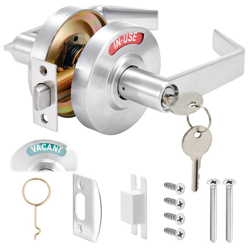 Tandefio Vacant Occupied Bathroom Lock with 2 Key, Indicator Privacy Handle Lock, Commercial Door Handle with 3.54" Rosette for Public Restroom Restaurant Hospital, Satin Chrome(90mm,Silver)