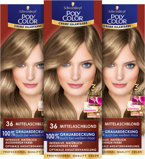 Poly Color Cream Hair Colour 36 Medium Ash Blonde Level (90 ml) Colouration for Intense, Natural-Looking Colour Results with 100% Grey Coverage