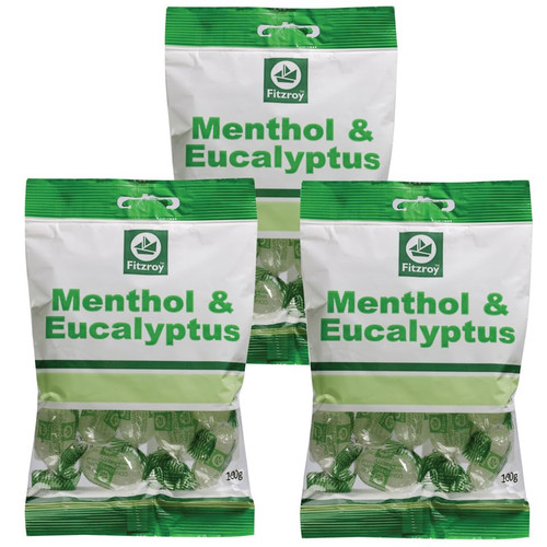 Fitzroy Menthol & Eucalyptus Sweets 3 x 100g | Cough Sweets, Sore Throat Relief, Sinus Relief | Sore Throat Lozenges, Menthol Sweets | Hard Boiled Sweets, Hard Candy, Retro Sweets | Vegan Sweets