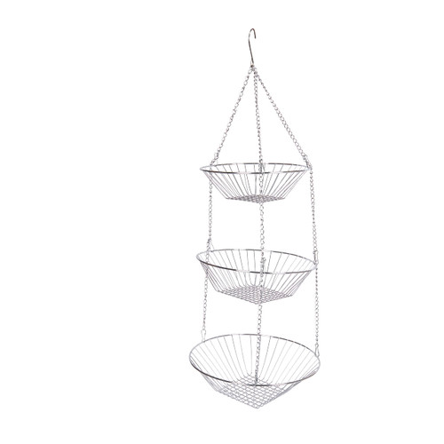 KitchenCraft Hanging Vegetable Rack, Metal, Set of 3 Kitchen Storage Baskets with Chain and Hook, Silver, 8cm x 25cm
