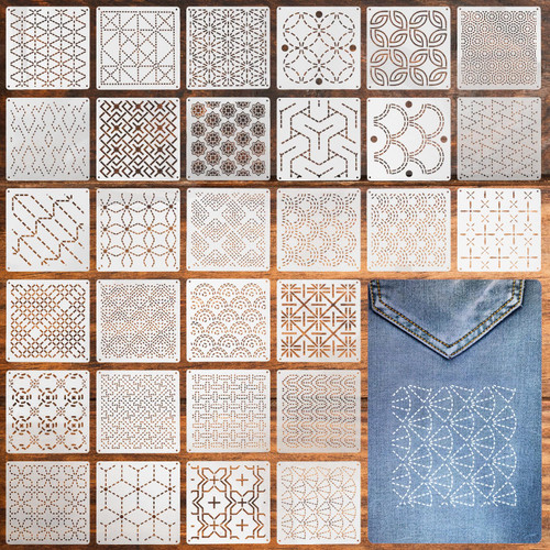 30Pcs Sashiko Stencil Quilting Stencils Wash Away for Crafts, Embroidery Stencils Geometric Line Stencil Kit, Quilting Templates for Sewing Hand Quilt Crafting Clothes