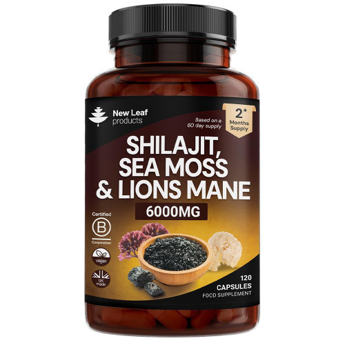 New Leaf Products Shilajit Seamoss and Lions Mane Capsules 6000mg - High Strength Complex - 60% Fulvic Acid Shilajit, Irish Sea Moss, Lions Mane 100% Fruiting Body - Vegan, UK Made 120 Capsules