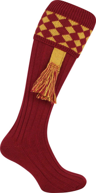 Jack Pyke of England Harlequin Shooting Socks with Garters Burgundy/Gold 9-12 US