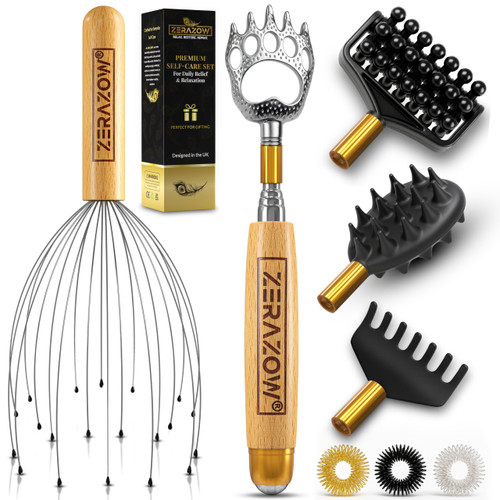 ZERAZOW® Telescoping Back Scratcher 9 Pcs Set, Backscratcher Gifts for Men & Women with 4 Detachable Heads, Head & Scalp Massager, Back Massage Tools, Spiky Sensory Rings, Fathers Day Gift