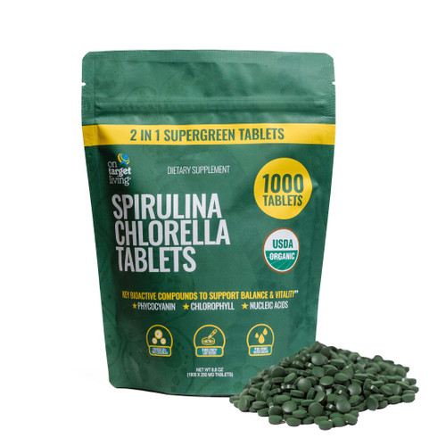 On Target Living Organic Spirulina Chlorella | Supergreens | USDA Organic | 1000 Tablets - 250 G (8.8 oz) | Vegan | Alkalyzing | Nutrient Dense | Protein Dense