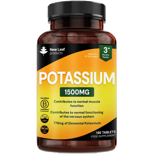 Potassium Supplements 1500mg High Strength - 180 Vegan Potassium Mineral Electrolytes Supplement - Contributes to Normal Muscle Function, Nervous System - Non-GMO, Made in UK by New Leaf