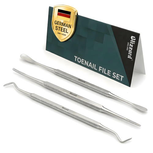 Blizzard Premium Blacks File Pedicure Set – 3-Piece Ingrown Toenail Kit - Double-Sided Toenail Cleaner, Nail File & Nail Lifter – Stainless Steel Podiatry Tools - Professional Foot Care Nail File Set