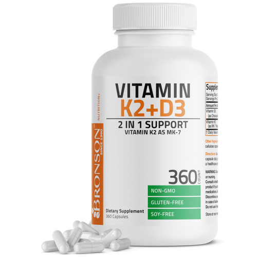 Bronson Vitamin K2 D3 (MK7) Supplement 2-in1 D3 & K2 Complex, 360 Capsules