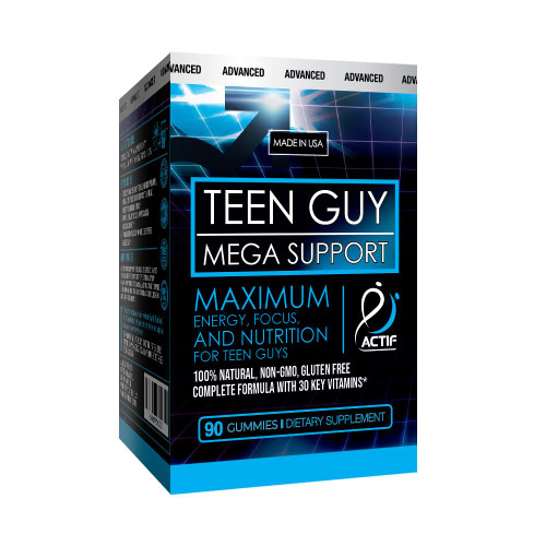 Actif Teen Guy Mega Support with 30 Organic Vitamins, Omega-3, Super Greens, Fruits, Vegetables – Energy and Memory Supplement for Teens, 90 Gummies