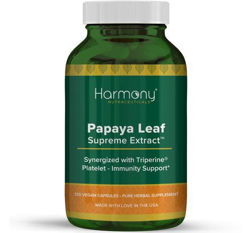 Harmony Nutraceuticals Papaya Leaf Supreme Extract Highest Potency Maximum Bioactivity Organic Dr. Gumman's Clinical Grade 120 Vegan Capsules Synergized with Triperine