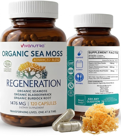 VIVANUTRA Organic Wildcrafted Sea Moss Capsules, 1476mg, Nova Scotia, 120ct