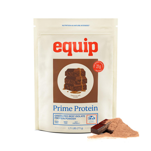 Equip Prime Chocolate Protein Powder - Gut-Friendly, No Sugar Protein Shake Powder with Grass-Fed Beef & Natural Collagen - Rich & Creamy Mix - 21g Per Serving - Whey & Dairy-Free (30 Scoops)