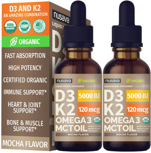 NUSAVA Organic Vitamin D3 K2 Drops with MCT Oil, Mocha, Pack of 2