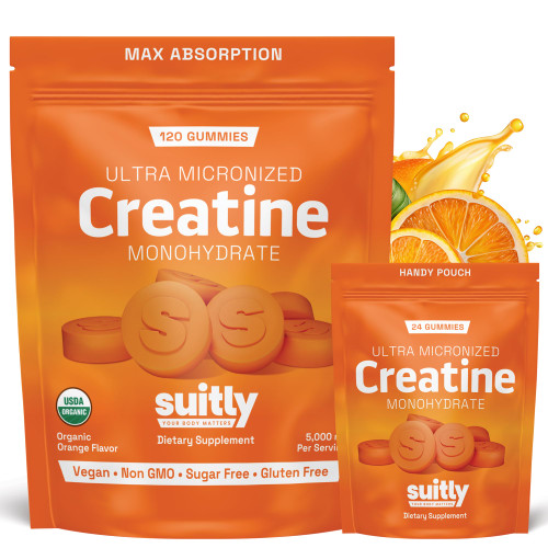 Suitly Creatine Gummies | 5g Ultra-Micronized Creatine Monohydrate | Made with Certified Organic Ingredients | Vegan, Sugar Free, Non GMO & Gluten Free | 120 Gummies | Organic Orange Flavor
