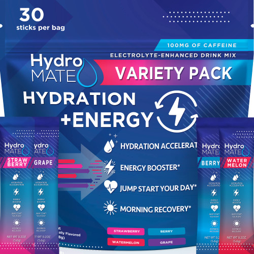 HydroMATE Hydration Electrolytes Packets with Caffeine Variety 30 Count