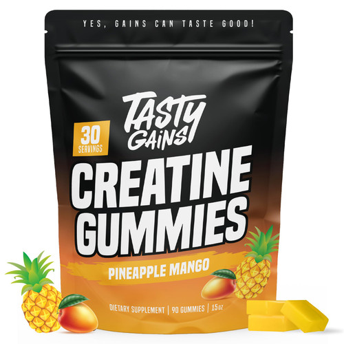 TASTY GAINS Creatine Gummies - 90g of Creatine Monohydrate - Workout Supplements - Build Muscle & Boost Strength for Men & Women - Made in USA - Non GMO - Vegan Friendly (Large, Pineapple Mango)