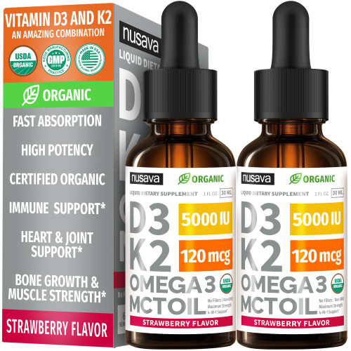 Nusava Vitamin D3 K2 Drops, MCT Oil & Omega 3, Strawberry, 5000 IU, 2 Pack