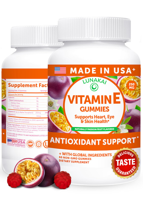 Lunakai USA Made Vitamin E 400 IU Gummies with Vitamin C 50mg, 60ct