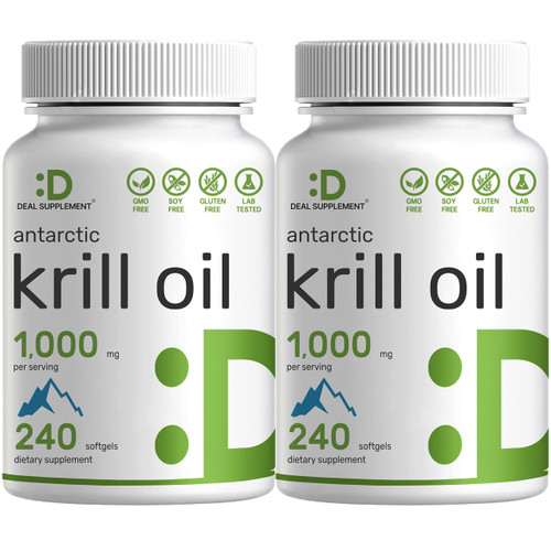 DEAL SUPPLEMENT 2 Pack Antarctic Krill Oil, 1,000mg Per Serving, 480 Softgels – Mercury Free, No Fishy Taste – Rich in Omega-3s, EPA, DHA, Astaxanthin, & Phospholipids – Non-GMO, No Gluten