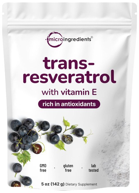 Pure Trans-Resveratrol Powder with Vitamin E, 5 Ounce, 2 in 1 Formula, Micronized Powder for Better Absorption, Premium Resveratrol Supplement, Super Antioxidant