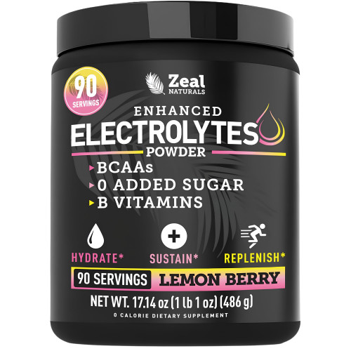 Zeal Naturals Electrolyte Powder - 90 Servings | Keto Electrolytes Powder | Zero Sugar, BCAAs, B-Vitamins | Potassium, Zinc, Magnesium | Hydration Powder Recovery Drink | Lemon Berry