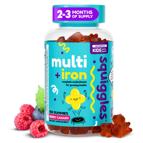 Squiggles Kids Multivitamin + Iron Gummies, Low Sugar Gummy Vitamins, 100ct