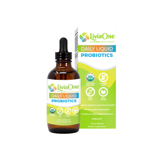 LiviaOne Daily Liquid Probiotics, USDA-Certified Organic, Allergen- and Gluten-Free Vegan Probiotic for Women and Men, Non-GMO and Raw, 4 Fl Oz, Pack of 1
