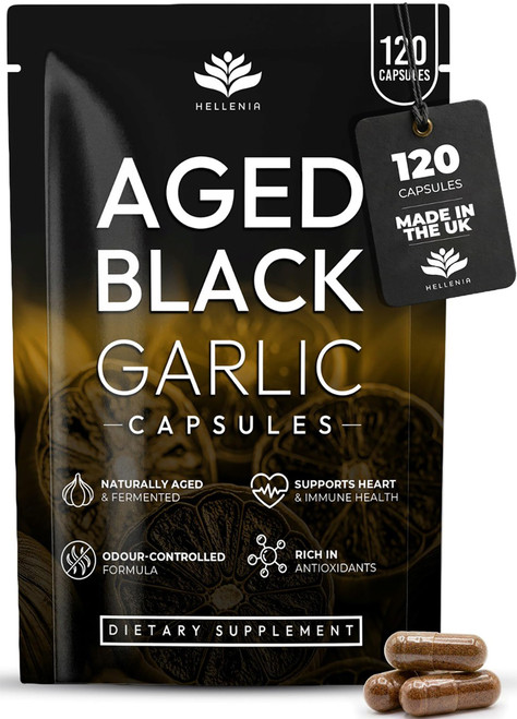 Aged Black Garlic Extract 12,000mg - Aged Black Garlic Bulb Extract 100:1 | 120 Capsules - 4 Month Supply | Antioxidant and Cholesterol Support | Gluten Free Capsules - Made in the UK by Hellenia