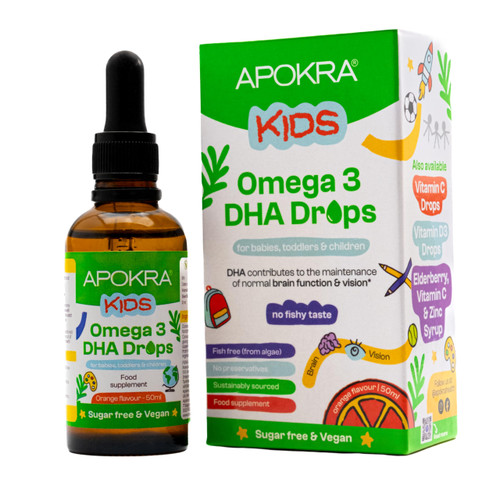 APOKRA Kids Omega 3 Vegan DHA Drops | Liquid Algae Oil Omega-3 for Children | Plant-Based Fish Oil Supplements Alternative | No Fishy Taste, Sugar & Preservative Free | Natural Orange Flavour | 50ml