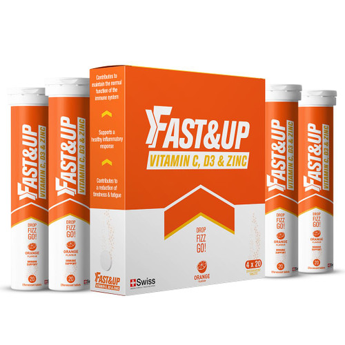 Fast&Up Vitamin C, Vitamin D & Zinc - 80 Effervescent Tablets (4 X 20) - Saver Multipack - Complete Immunity Booster - One Daily - Orange Flavour
