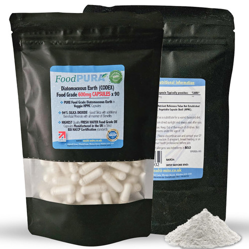 FoodPURA 90 X Food Grade Diatomaceous Earth Capsules (Codex) Pure White 94% Silica Fresh Water Sourced 600mg - Capsules, The SAFEST Way to take Supplements!