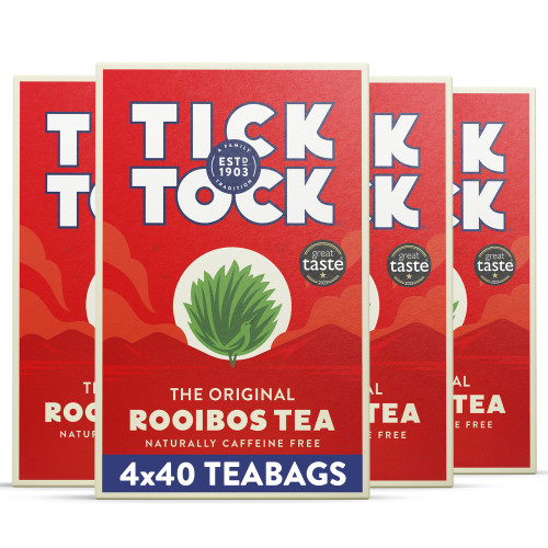 Tick Tock Rooibos Teabags, Caffeine-Free Tea, Pack of 4 x 40 (160 Teabags), Naturally Sweet Herbal Tea, Biodegradable, Rooibos UK, Redbush Tea Bags- 4 Pack