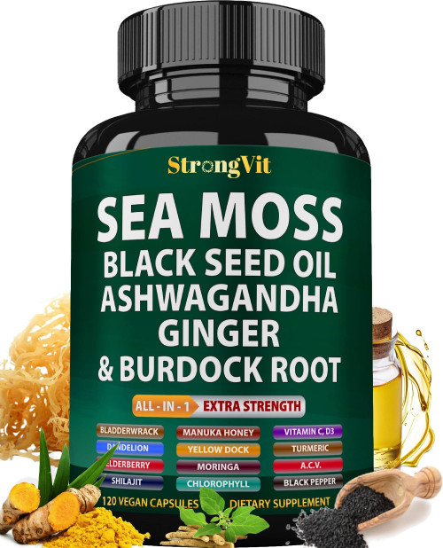 Sea Moss Black Seed Oil Ashwagandha Ginger, Organic Seamoss - 120 Capsules