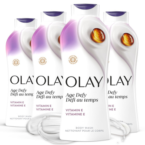 Olay Body Wash for Women, Age Defying with Vitamin E, 24hr Moisturizing, Hydrating & Refreshing, B3 Vitamin Complex, Free of Parabens & Phthalates, for All Skin Types, Scented, 22 fl oz (Pack of 4)