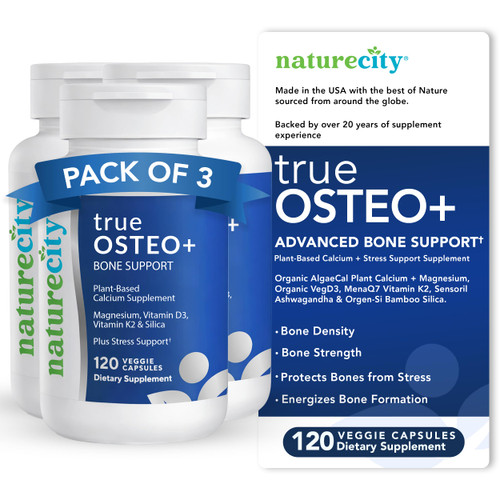 NatureCity True-Osteo Plus Bone Support with Ashwagandha – for Strength & Density – Plant-Based Calcium with Organic AlgaeCal, Magnesium, Vitamin D3, K2, Silicon & Stress Support | 360 Veggie Capsules
