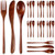 Geiserailie 24 Pcs Wooden Utensils for Eating Wooden Spoon Fork Knife Set