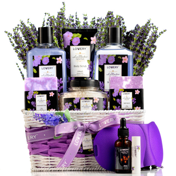 Gifts for Women, Moms, Lavender & Lilac Spa Gift Basket Set - Handmade Soap, Potpourri, Bath Bomb, Jojoba Oil, Organic Lip Balm & More - Stress Relief, Bath & Body Self Care Package