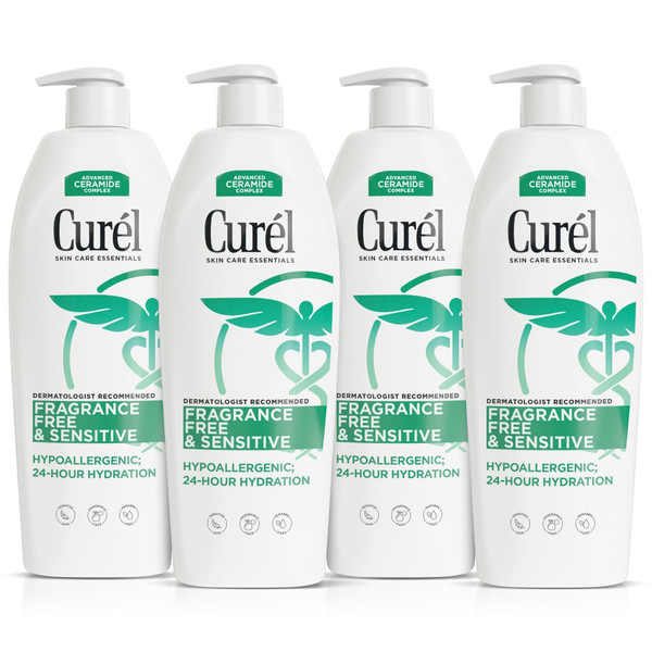Curel Fragrance Free Lotion, Sensitive Hypoallergenic Lotion for Dry Skin, Dermatologist Recommended, 20 Oz, Pack of 4