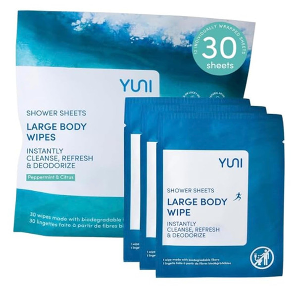 YUNI Beauty Large Body Wipes (Peppermint Citrus, 30 Count) Super Soft Moist Showerless Wipes that Cleanse & Deodorize - On-the-Go No Rinse Body Cleanser - Biodegradable Individually Wrapped