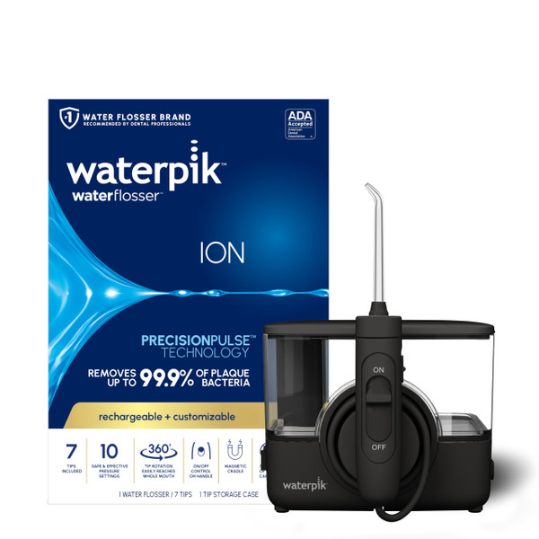 Waterpik ION Rechargeable Water Flosser with 10 Settings, 7 Tips, Black