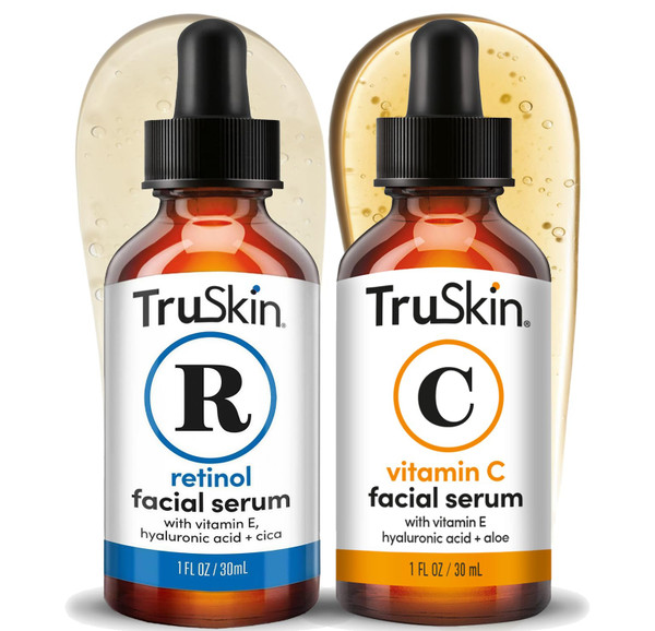 TruSkin Face Serum Duo - Vitamin C Serum & Retinol Serum for Face - AM & PM Anti Aging Skincare Routine - Brightening & Smoothing Facial Serums, 1 fl oz Each