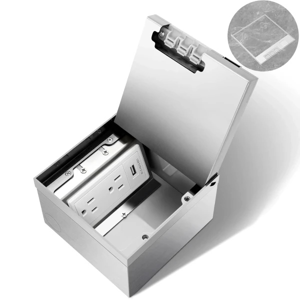 Recessed Flat Hidden Floor Electrical Outlet Kit, Hidden Duplex 2 * 15A Tamper-Resistant Receptacle Outlet and 2.1A USB Port, Waterproof Electrical Outlet Cover Box, Silver